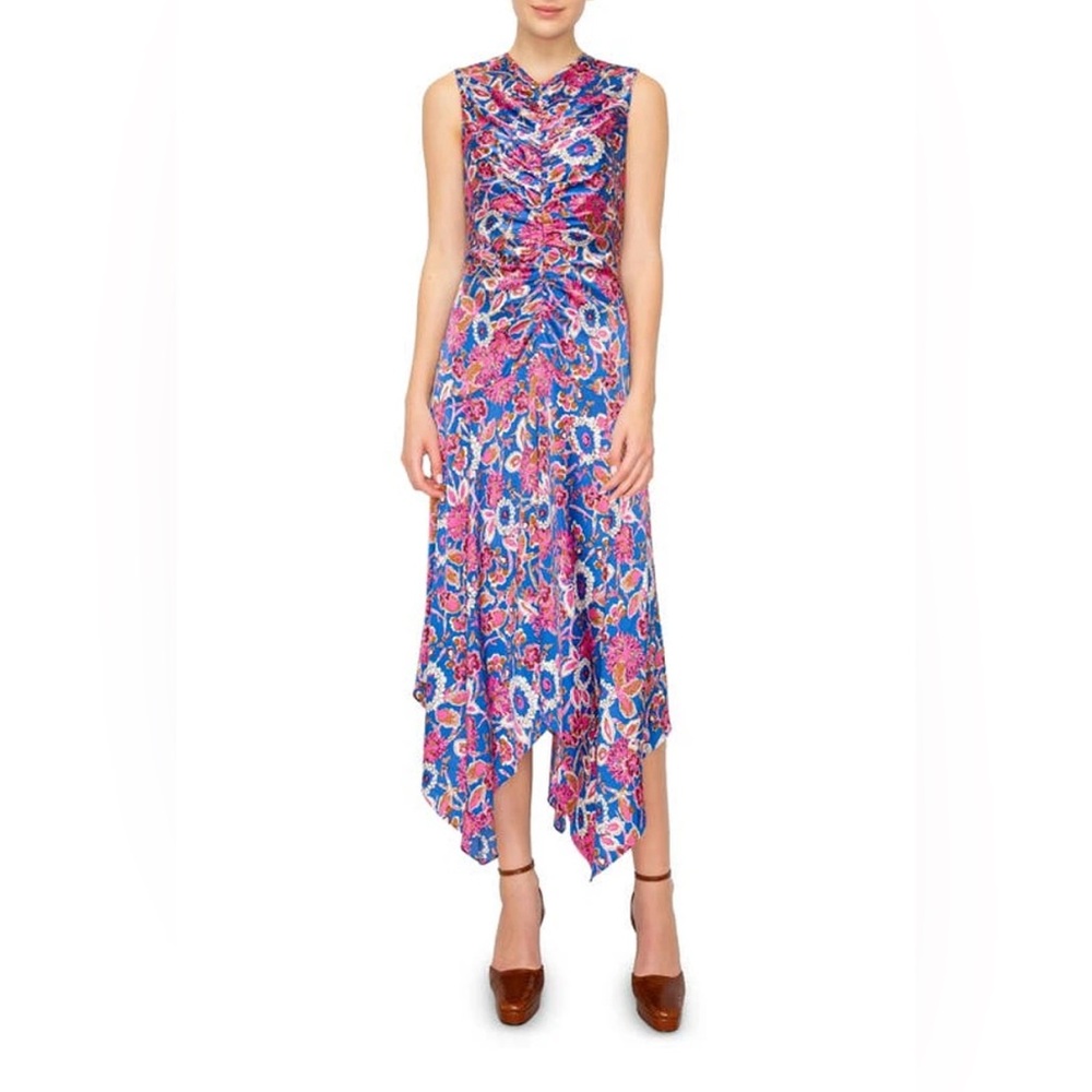 MELLODAY Floral Print Ruched Satin Midi Dress Size XL